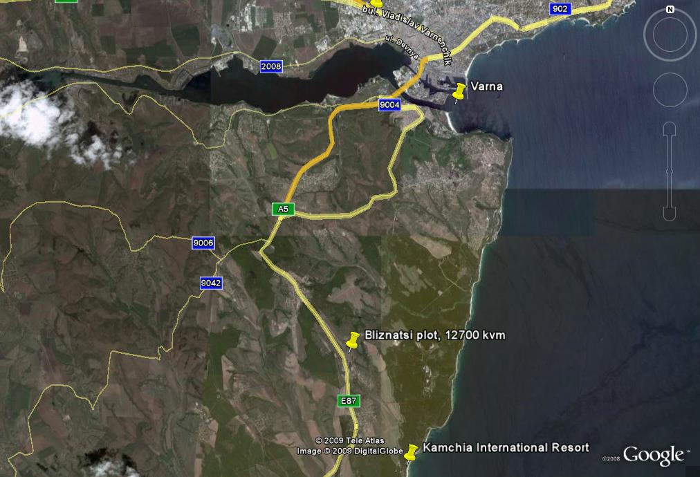 Bliznatsi: Google view of the land location and Varna City location.
