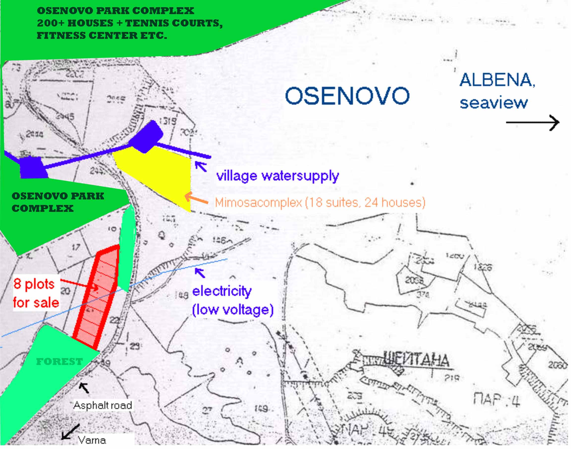 Map of Osenovo and the land plot. Also marked is the planned developments of Osenovo Park and the Mimosa Complex.