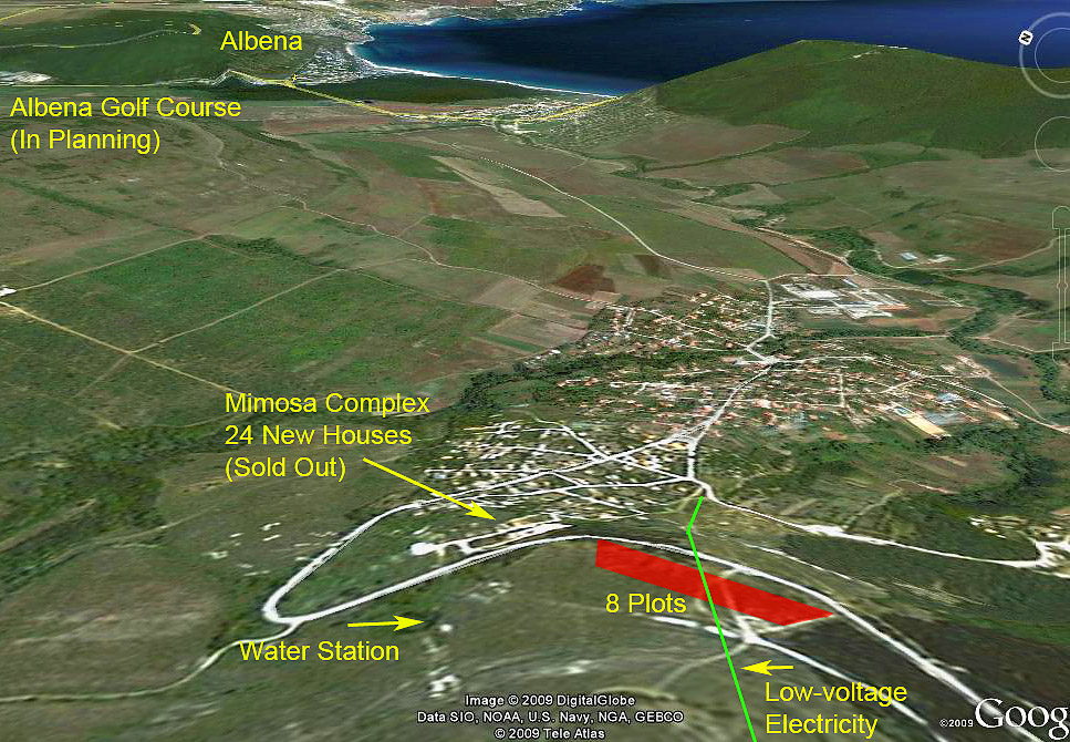 Osenovo land. The google earth location of the Osenovo plot, and the location of Albena Resort and the planned golf course by Albena