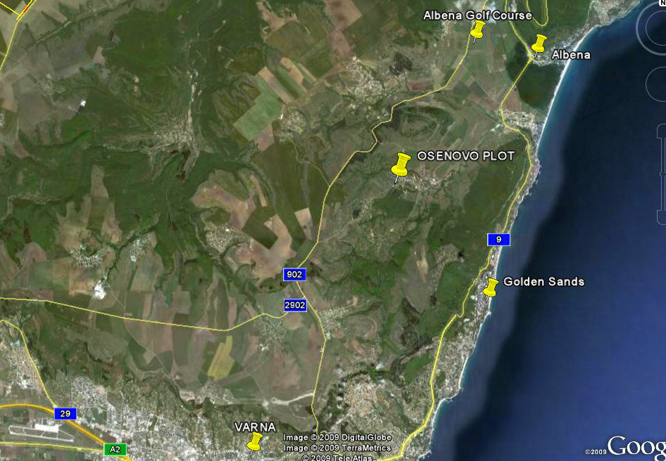Google location of the land. Osenovo village is very cloe to Albena Beach resort, Golden Sands Beach Resort, Varna and Varna international Airport